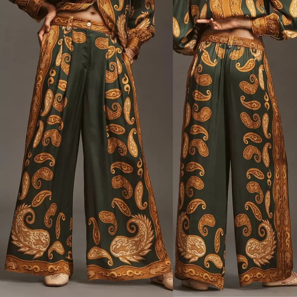 NWT Anthropologie Farm Rio Printed Wide Leg Green Gold Cheetah Satin Pants Med - Picture 2 of 15